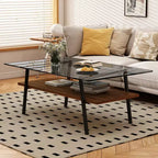 Zeus & Ruta Modern Rectangle Coffee Table with Gray Tempered Glass Top & Black Metal Legs