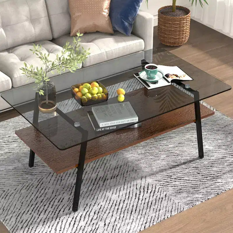 Tavolino rettangolare moderno Zeus & Ruta con piano in vetro temperato grigio e gambe in metallo nero