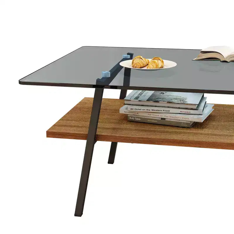 Tavolino rettangolare moderno Zeus & Ruta con piano in vetro temperato grigio e gambe in metallo nero