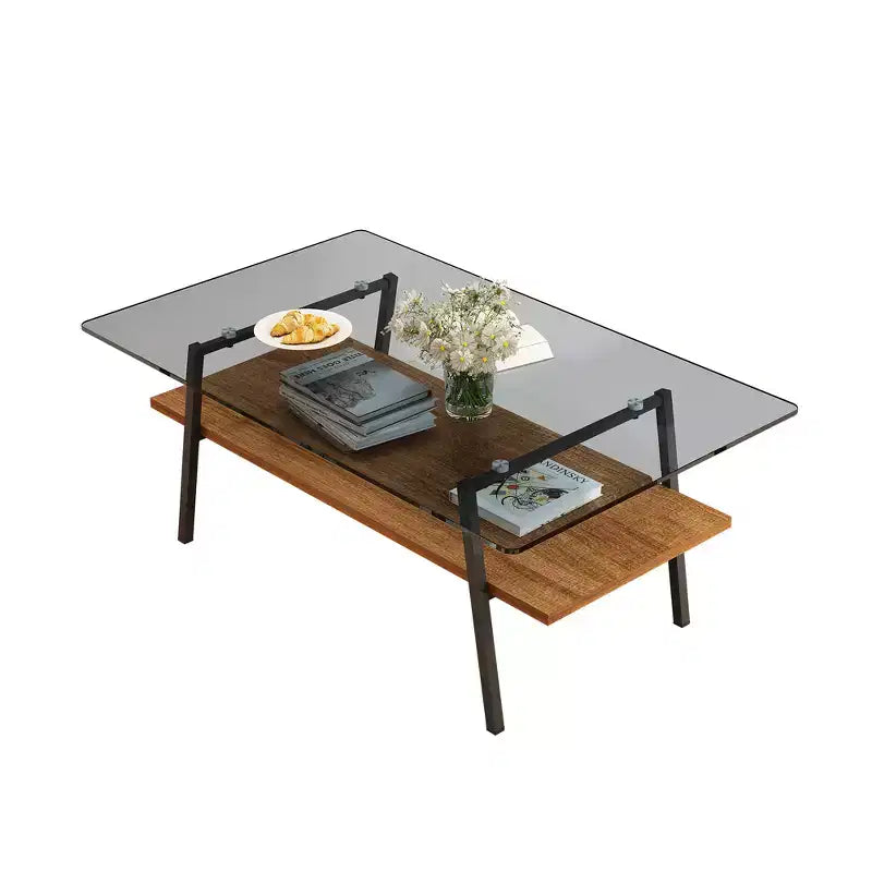 Tavolino rettangolare moderno Zeus & Ruta con piano in vetro temperato grigio e gambe in metallo nero