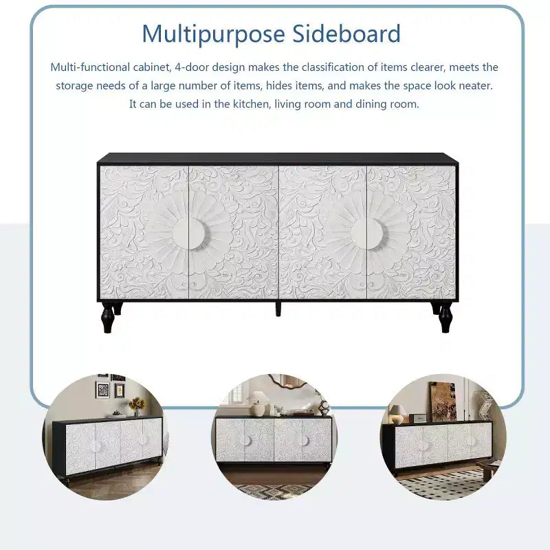 63 Mobile Credenza Boho, Mobile TV Nero con Ante Intagliate a Mandala Floreale - Panipeachy