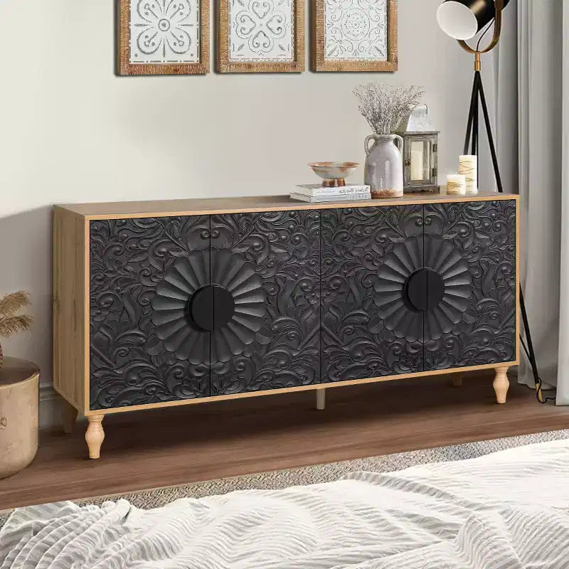 63 Mobile Credenza Boho, Mobile TV Nero con Ante Intagliate a Mandala Floreale - Panipeachy
