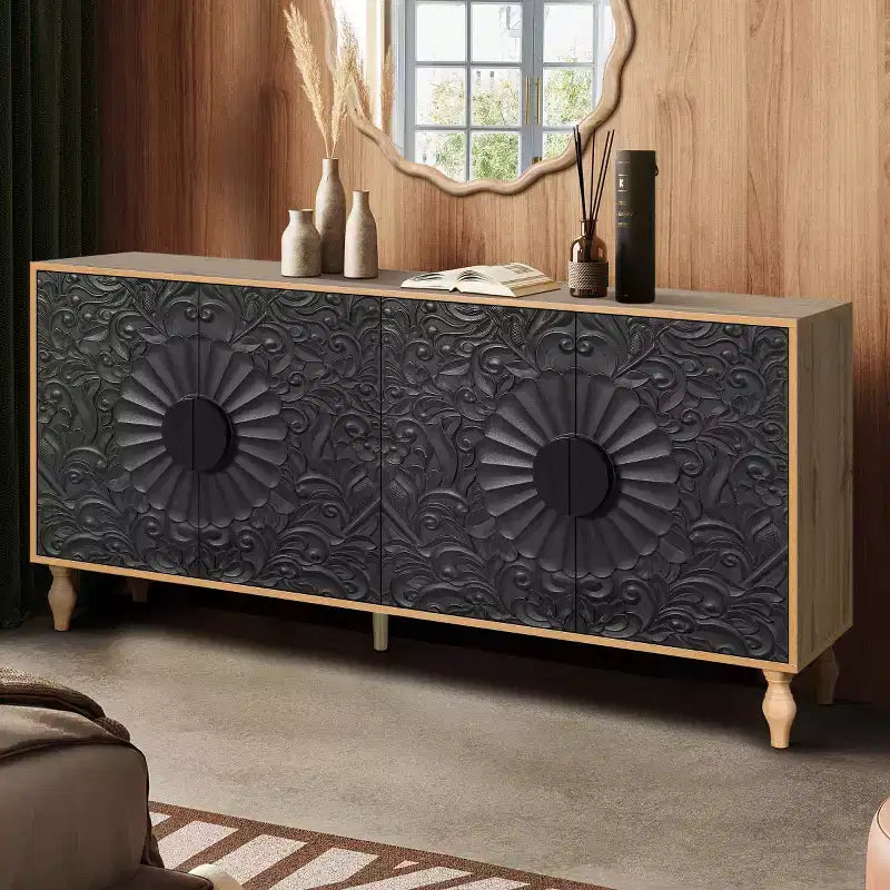 63 Buffet de style bohème, meuble TV noir, console média avec portes sculptées motif floral mandala - Panipeachy