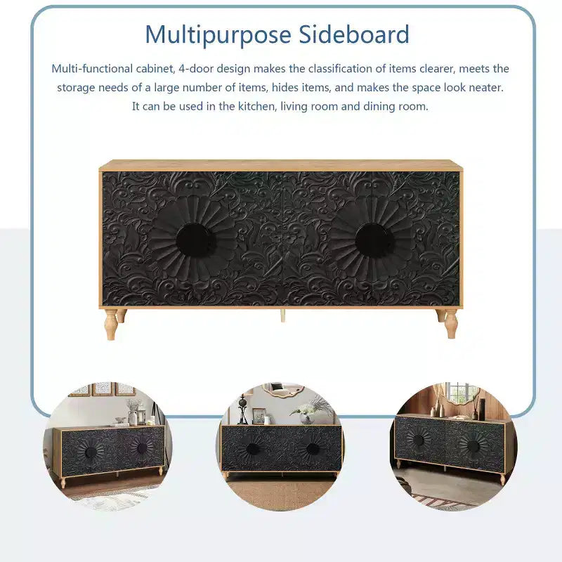 63 Mobile Credenza Boho, Mobile TV Nero con Ante Intagliate a Mandala Floreale - Panipeachy