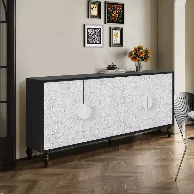 63 Mobile Credenza Boho, Mobile TV Nero con Ante Intagliate a Mandala Floreale - Panipeachy