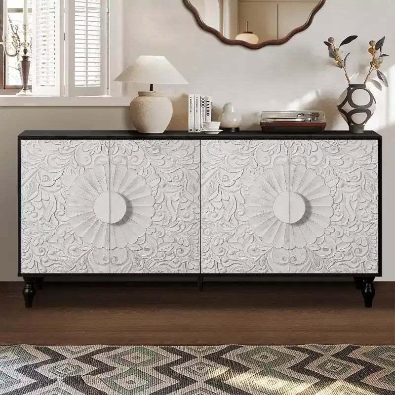 63 Buffet de style bohème, meuble TV noir, console média avec portes sculptées motif floral mandala - Panipeachy