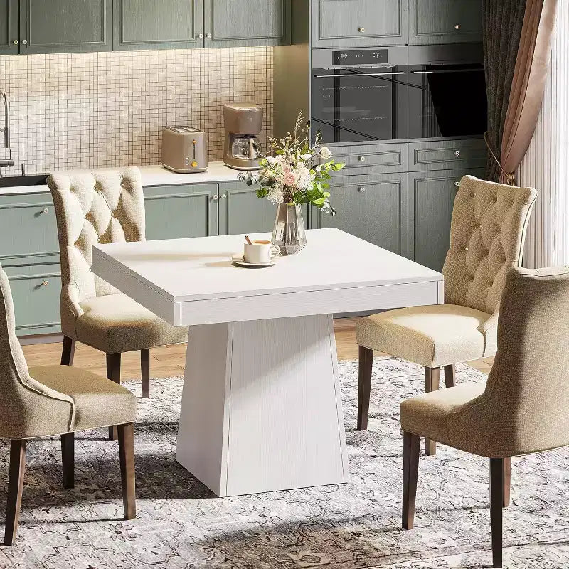 Table à manger carrée Lantine pour 4, petite table de cuisine de 80 cm avec base sur pied robuste, table de ferme pour salle à manger, cuisine, blanc