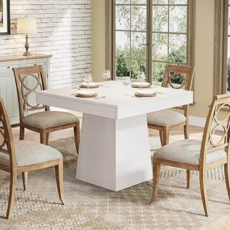 Tavolo da pranzo quadrato Lantine per 4 persone, tavolino da cucina piccolo da 80 cm con robusta base a piedistallo, tavolo da pranzo in stile rustico per sala da pranzo, cucina, bianco