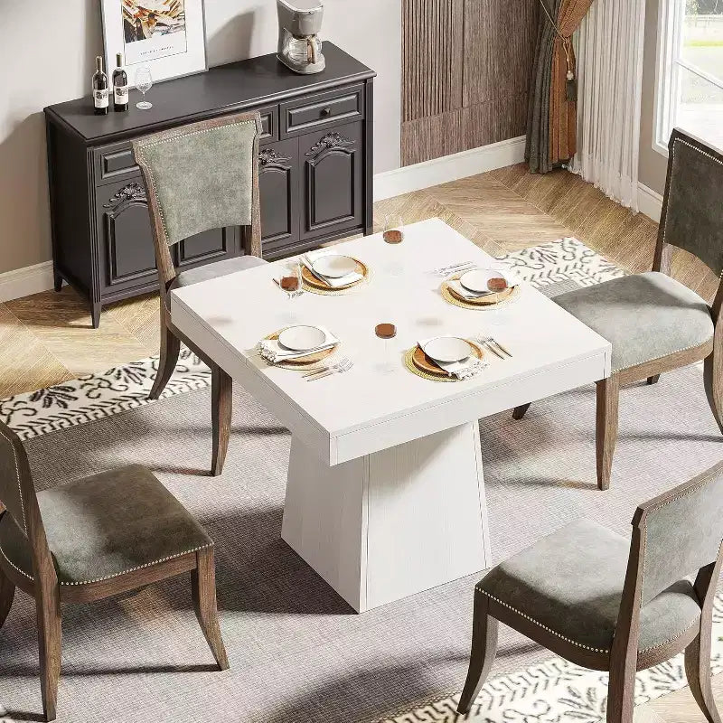 Table à manger carrée Lantine pour 4, petite table de cuisine de 80 cm avec base sur pied robuste, table de ferme pour salle à manger, cuisine, blanc