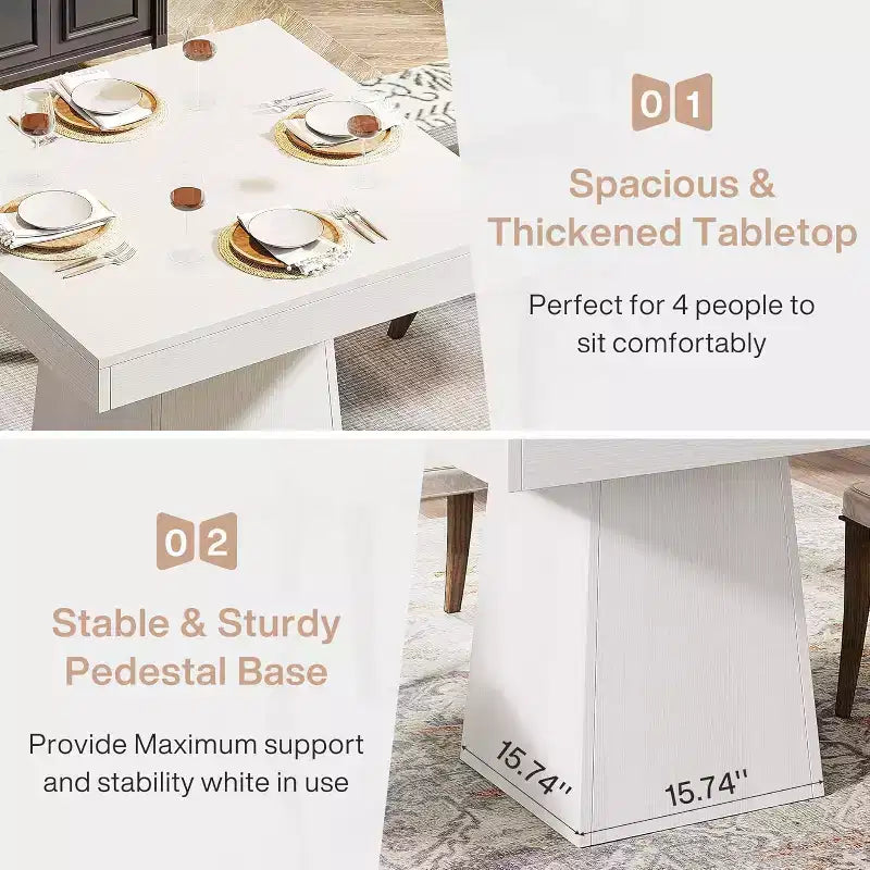 Tavolo da pranzo quadrato Lantine per 4 persone, tavolino da cucina piccolo da 80 cm con robusta base a piedistallo, tavolo da pranzo in stile rustico per sala da pranzo, cucina, bianco