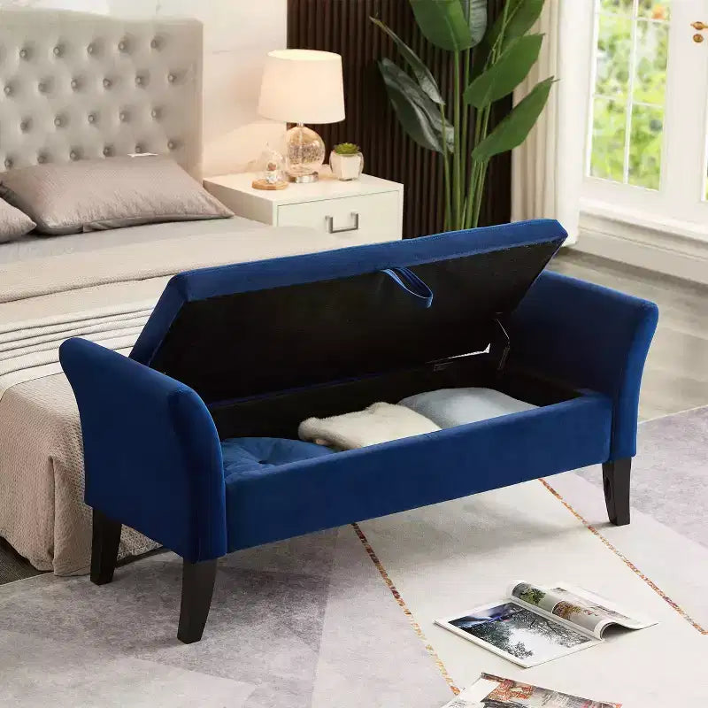 Okak 51.5 Panca Contenitore in Velluto con Braccioli e Gambe in Legno, Panca da Fondo Letto con Sedile Imbottito, Pouf Contenitore per la Casa