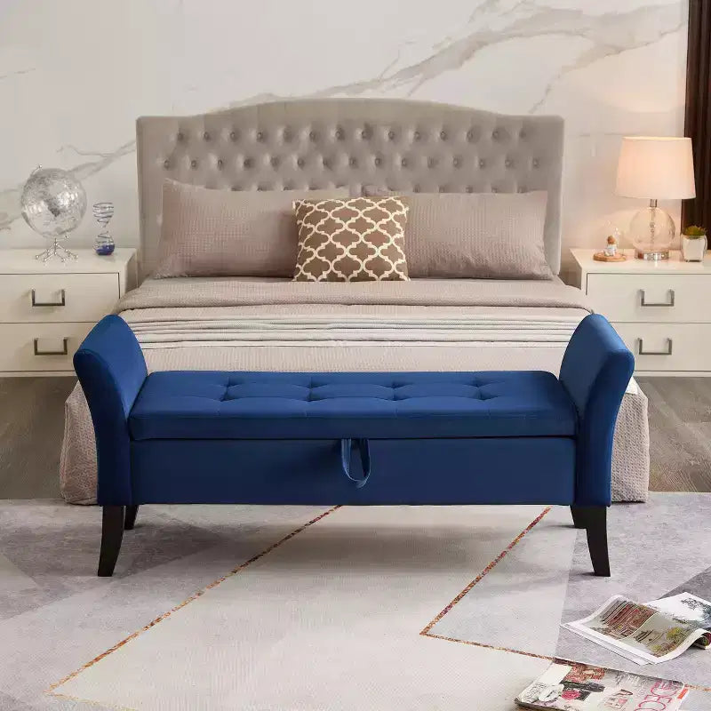Okak 51.5 Panca Contenitore in Velluto con Braccioli e Gambe in Legno, Panca da Fondo Letto con Sedile Imbottito, Pouf Contenitore per la Casa