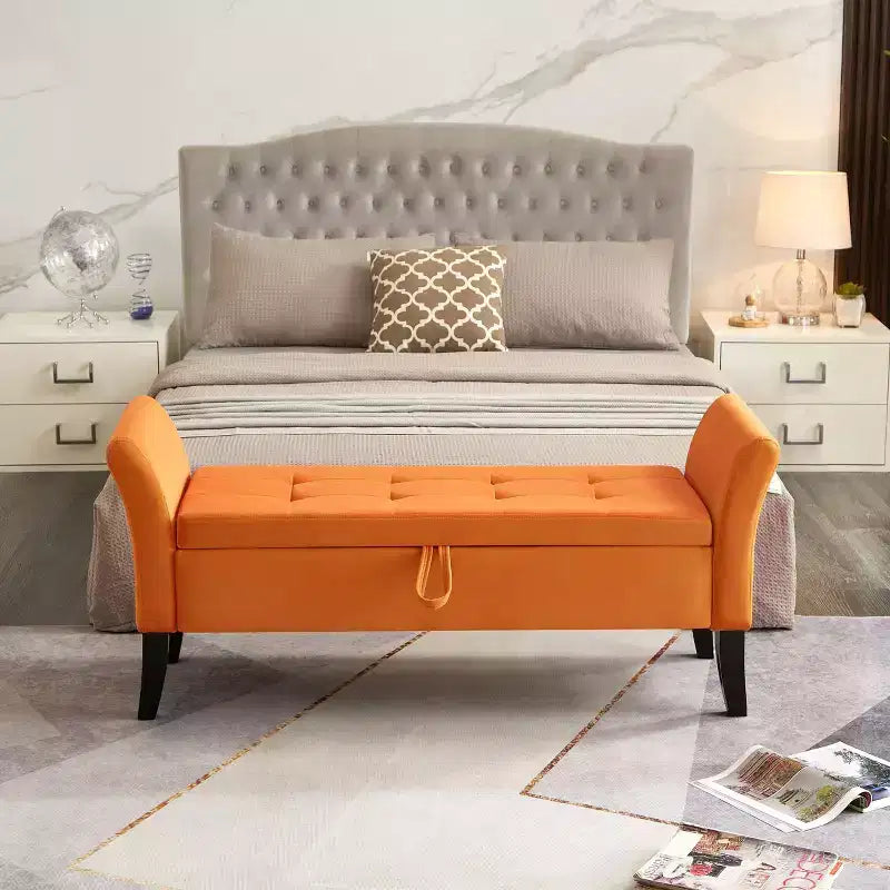 Okak 51.5 Panca Contenitore in Velluto con Braccioli e Gambe in Legno, Panca da Fondo Letto con Sedile Imbottito, Pouf Contenitore per la Casa