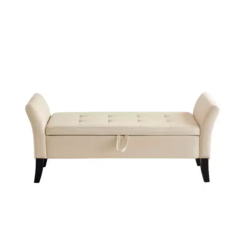Banc de rangement en velours Okak 51,5 avec accoudoirs et pieds en bois, bout de lit avec assise rembourrée, pouf de rangement pour la maison