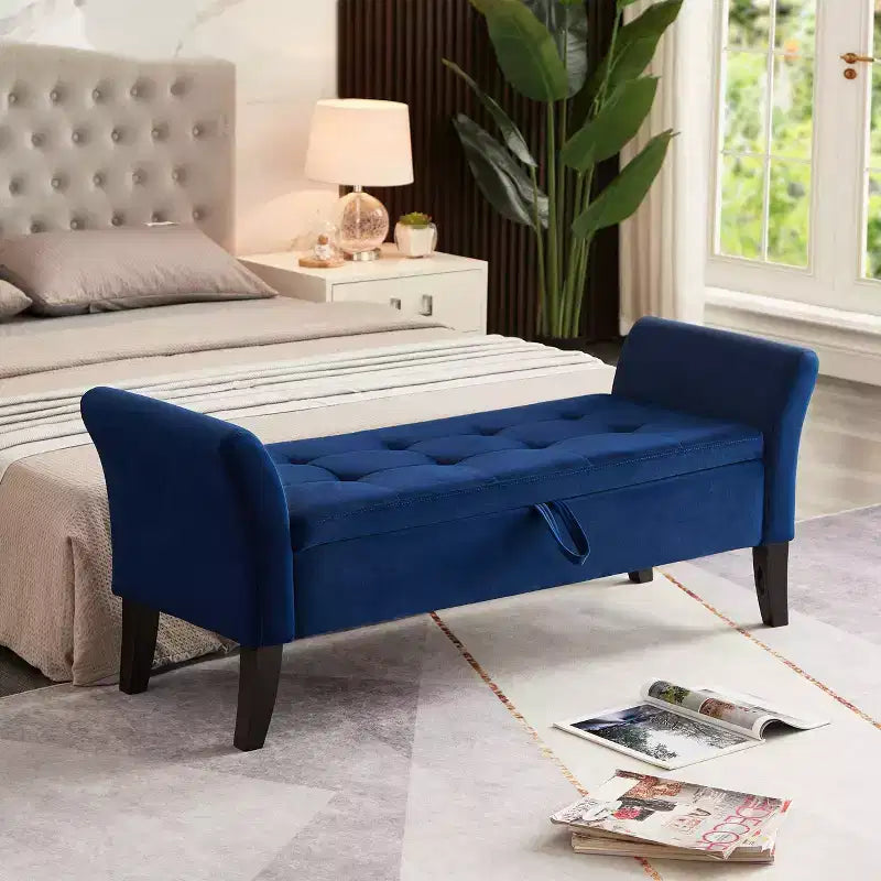 Banc de rangement en velours Okak 51,5 avec accoudoirs et pieds en bois, bout de lit avec assise rembourrée, pouf de rangement pour la maison
