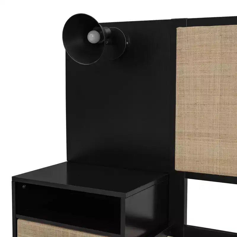 Luxystar Letto a piattaforma matrimoniale in legno con 2 comodini, 2 lampade e testiera in rattan, nero
