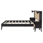 Luxystar Letto a piattaforma matrimoniale in legno con 2 comodini, 2 lampade e testiera in rattan, nero
