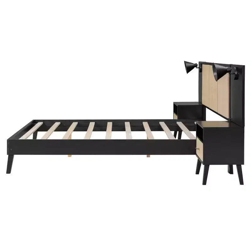 Luxystar Letto a piattaforma matrimoniale in legno con 2 comodini, 2 lampade e testiera in rattan, nero