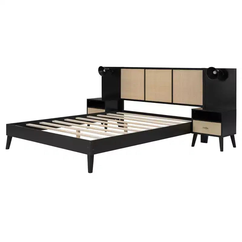 Luxystar Letto a piattaforma matrimoniale in legno con 2 comodini, 2 lampade e testiera in rattan, nero
