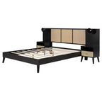 Luxystar Letto a piattaforma matrimoniale in legno con 2 comodini, 2 lampade e testiera in rattan, nero