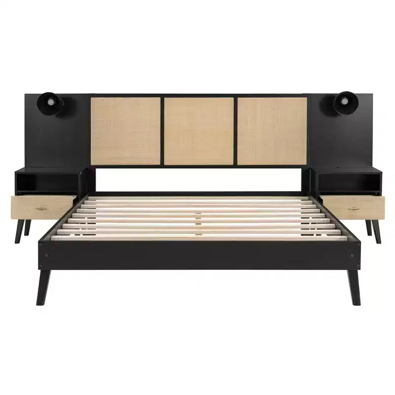 Luxystar Letto a piattaforma matrimoniale in legno con 2 comodini, 2 lampade e testiera in rattan, nero