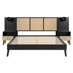 Luxystar Letto a piattaforma matrimoniale in legno con 2 comodini, 2 lampade e testiera in rattan, nero