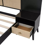 Luxystar Letto a piattaforma matrimoniale in legno con 2 comodini, 2 lampade e testiera in rattan, nero
