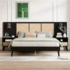 Luxystar Letto a piattaforma matrimoniale in legno con 2 comodini, 2 lampade e testiera in rattan, nero