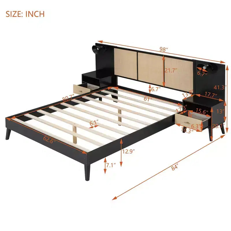 Luxystar Letto a piattaforma matrimoniale in legno con 2 comodini, 2 lampade e testiera in rattan, nero