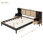 Luxystar Letto a piattaforma matrimoniale in legno con 2 comodini, 2 lampade e testiera in rattan, nero