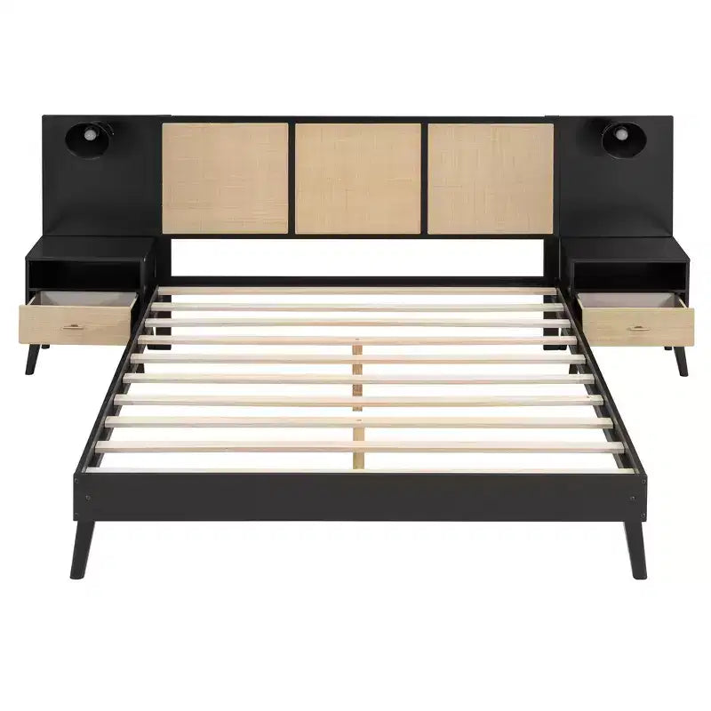 Luxystar Letto a piattaforma matrimoniale in legno con 2 comodini, 2 lampade e testiera in rattan, nero