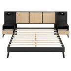 Luxystar Letto a piattaforma matrimoniale in legno con 2 comodini, 2 lampade e testiera in rattan, nero