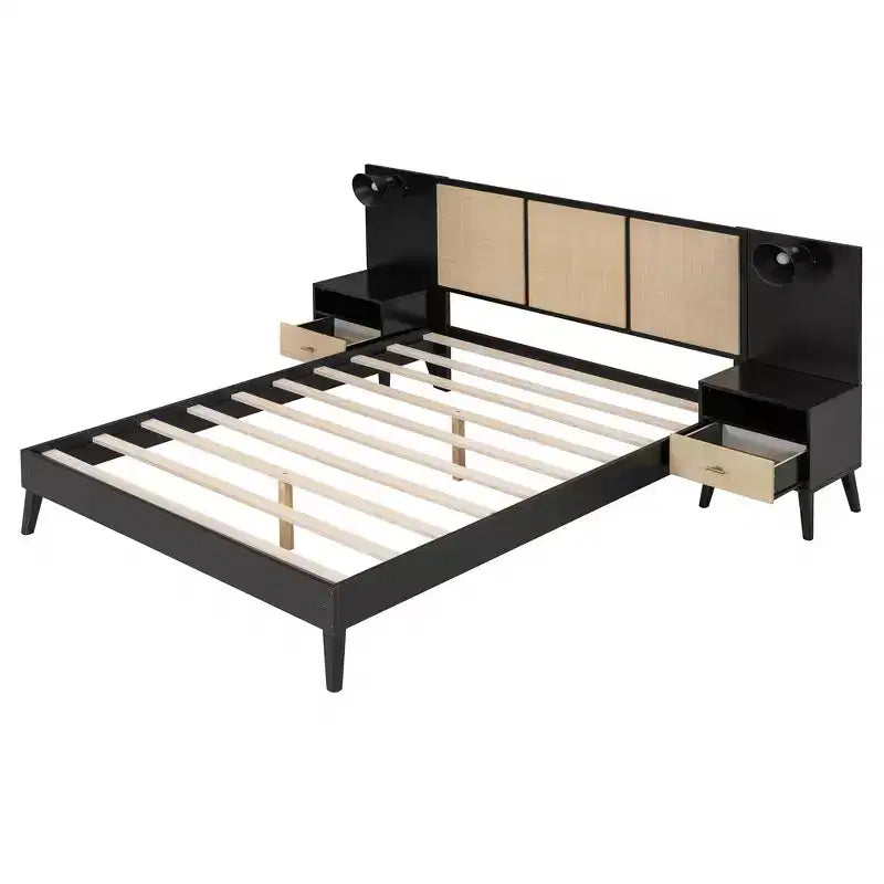 Luxystar Letto a piattaforma matrimoniale in legno con 2 comodini, 2 lampade e testiera in rattan, nero