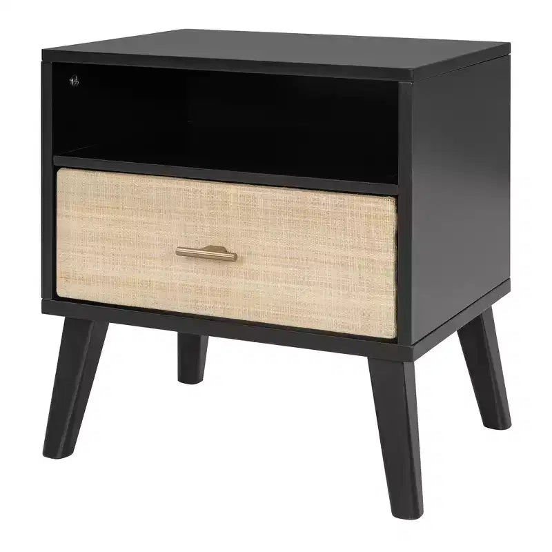 Luxystar Letto a piattaforma matrimoniale in legno con 2 comodini, 2 lampade e testiera in rattan, nero