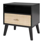 Luxystar Letto a piattaforma matrimoniale in legno con 2 comodini, 2 lampade e testiera in rattan, nero