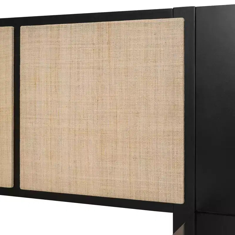 Luxystar Letto a piattaforma matrimoniale in legno con 2 comodini, 2 lampade e testiera in rattan, nero