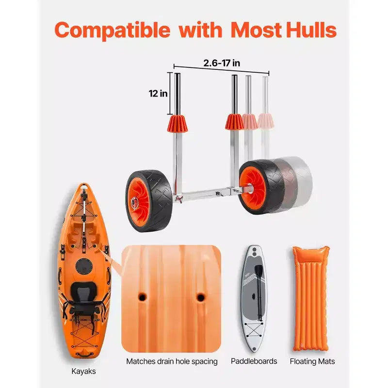 Carrello per kayak VEVOR, capacità di carico 113 kg, carrello per canoa con ruote in gomma piena da 7,5 pollici e cavalletto, multicolore