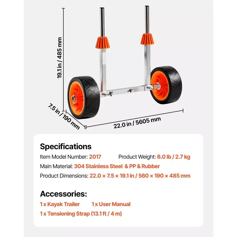 Carrello per kayak VEVOR, capacità di carico 113 kg, carrello per canoa con ruote in gomma piena da 7,5 pollici e cavalletto, multicolore