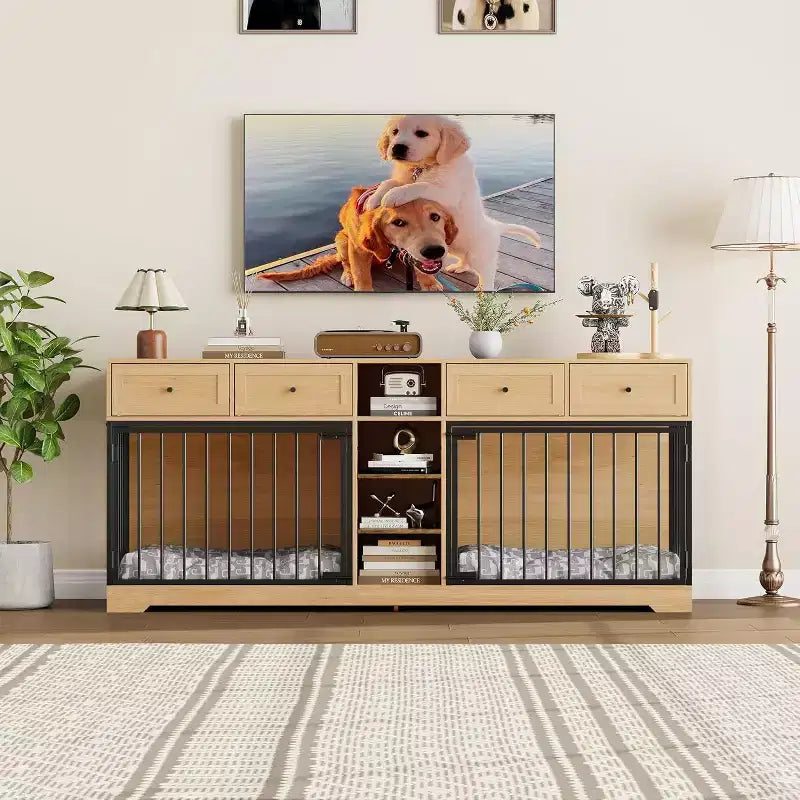 Mobile 2 Ciotole 82", Cuccia Grande per 2 Cani da Interno, Robusta Gabbia per Cani in Legno con Mobile Porta TV, 4 Cassetti e Ripiani