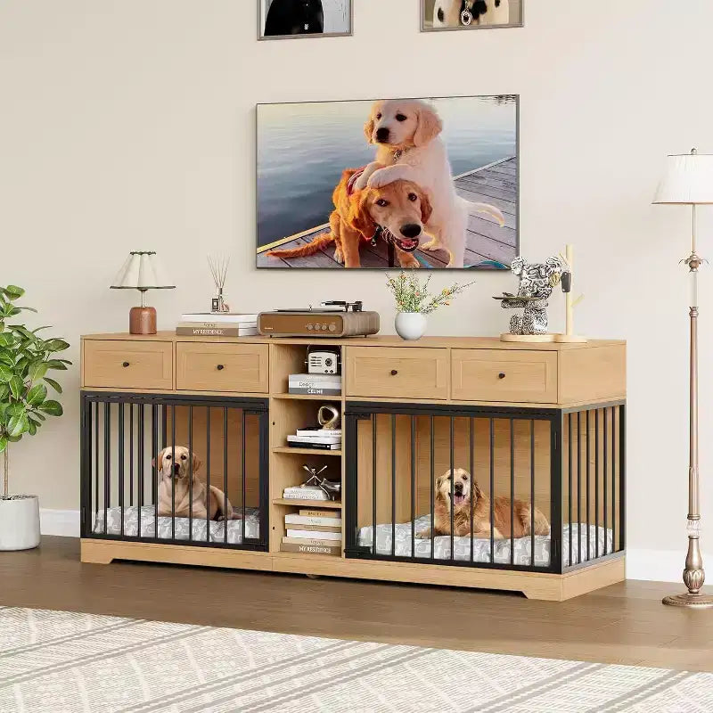 Mobile 2 Ciotole 82", Cuccia Grande per 2 Cani da Interno, Robusta Gabbia per Cani in Legno con Mobile Porta TV, 4 Cassetti e Ripiani