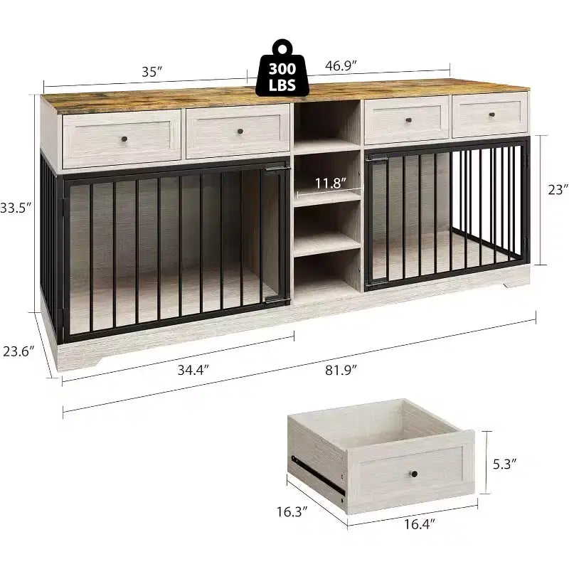 Mobile 2 Ciotole 82", Cuccia Grande per 2 Cani da Interno, Robusta Gabbia per Cani in Legno con Mobile Porta TV, 4 Cassetti e Ripiani
