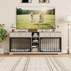 Mobile 2 Ciotole 82", Cuccia Grande per 2 Cani da Interno, Robusta Gabbia per Cani in Legno con Mobile Porta TV, 4 Cassetti e Ripiani