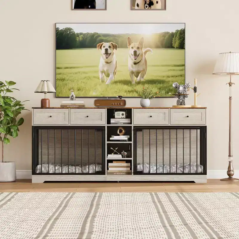 Mobile 2 Ciotole 82", Cuccia Grande per 2 Cani da Interno, Robusta Gabbia per Cani in Legno con Mobile Porta TV, 4 Cassetti e Ripiani