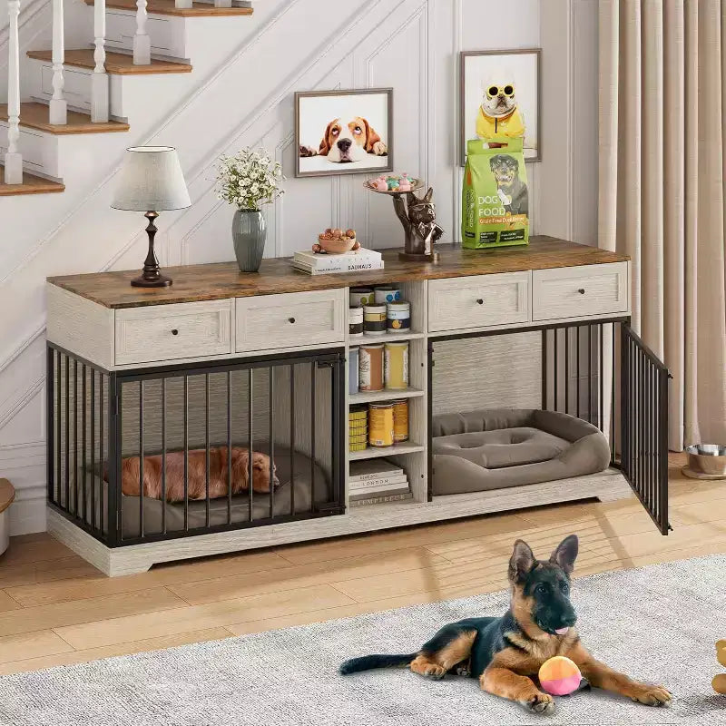 Mobile 2 Ciotole 82", Cuccia Grande per 2 Cani da Interno, Robusta Gabbia per Cani in Legno con Mobile Porta TV, 4 Cassetti e Ripiani