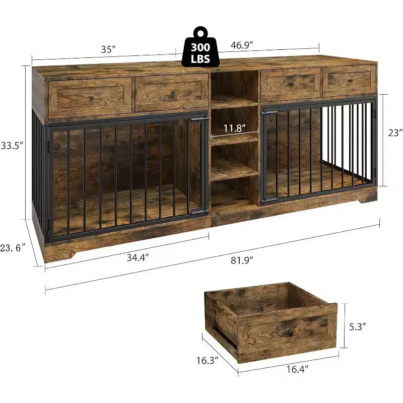 82 Meubles doubles pour cage de chien, grande niche d'intérieur pour 2 chiens, meuble TV en bois robuste avec 4 tiroirs et étagères