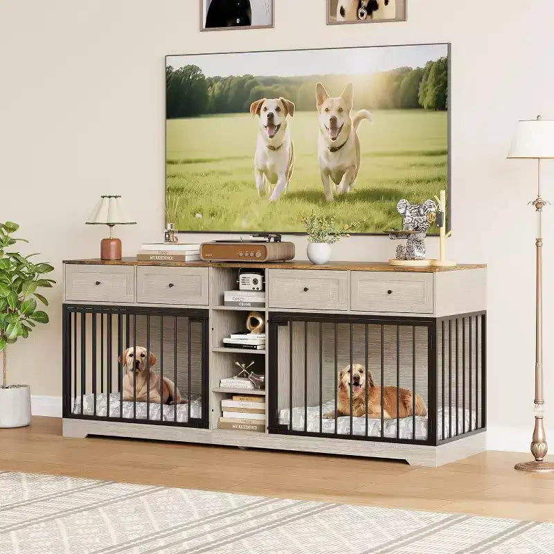 Mobile 2 Ciotole 82", Cuccia Grande per 2 Cani da Interno, Robusta Gabbia per Cani in Legno con Mobile Porta TV, 4 Cassetti e Ripiani