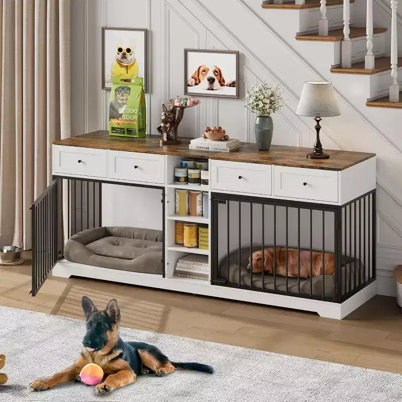 Mobile 2 Ciotole 82", Cuccia Grande per 2 Cani da Interno, Robusta Gabbia per Cani in Legno con Mobile Porta TV, 4 Cassetti e Ripiani