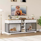 Mobile 2 Ciotole 82", Cuccia Grande per 2 Cani da Interno, Robusta Gabbia per Cani in Legno con Mobile Porta TV, 4 Cassetti e Ripiani
