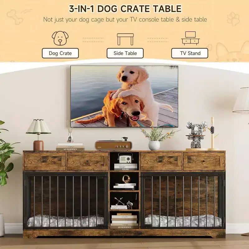 Mobile 2 Ciotole 82", Cuccia Grande per 2 Cani da Interno, Robusta Gabbia per Cani in Legno con Mobile Porta TV, 4 Cassetti e Ripiani