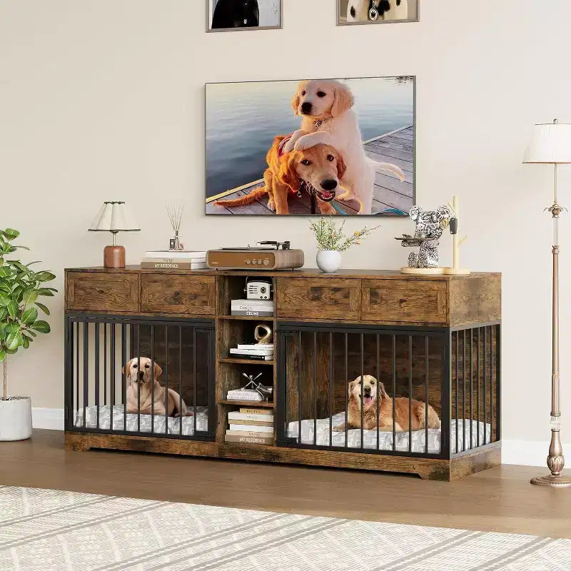 Mobile 2 Ciotole 82", Cuccia Grande per 2 Cani da Interno, Robusta Gabbia per Cani in Legno con Mobile Porta TV, 4 Cassetti e Ripiani